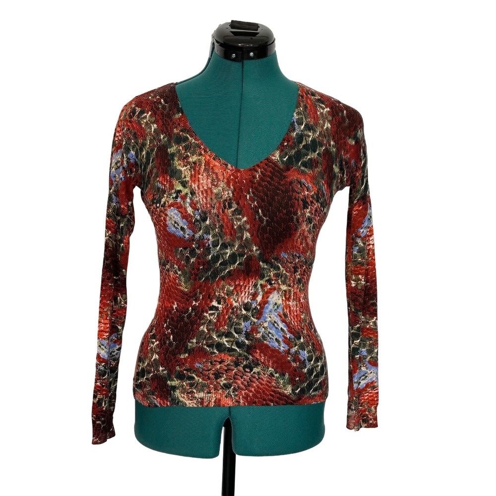 Magaschoni Sweater Silk Cashmere V-Neck XS Red Animal Print Long‎ Sleeve